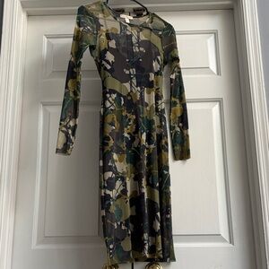 Anthropology Weston Wear Green and Black Patterned Long Sleeve Dress